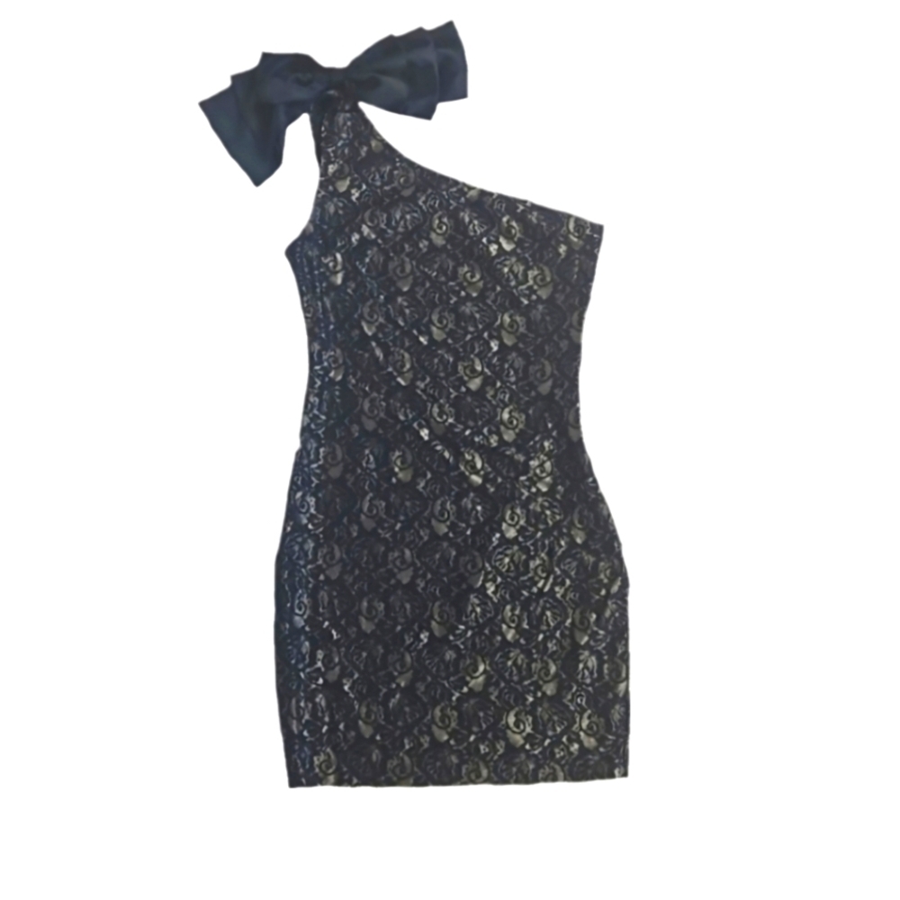 Black & Silver Lace One Shoulder Party Dress w/ Satin Bow Detail, Size M
